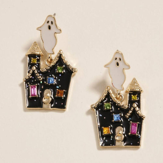Glittered Haunted Ghost House Dangle Earrings