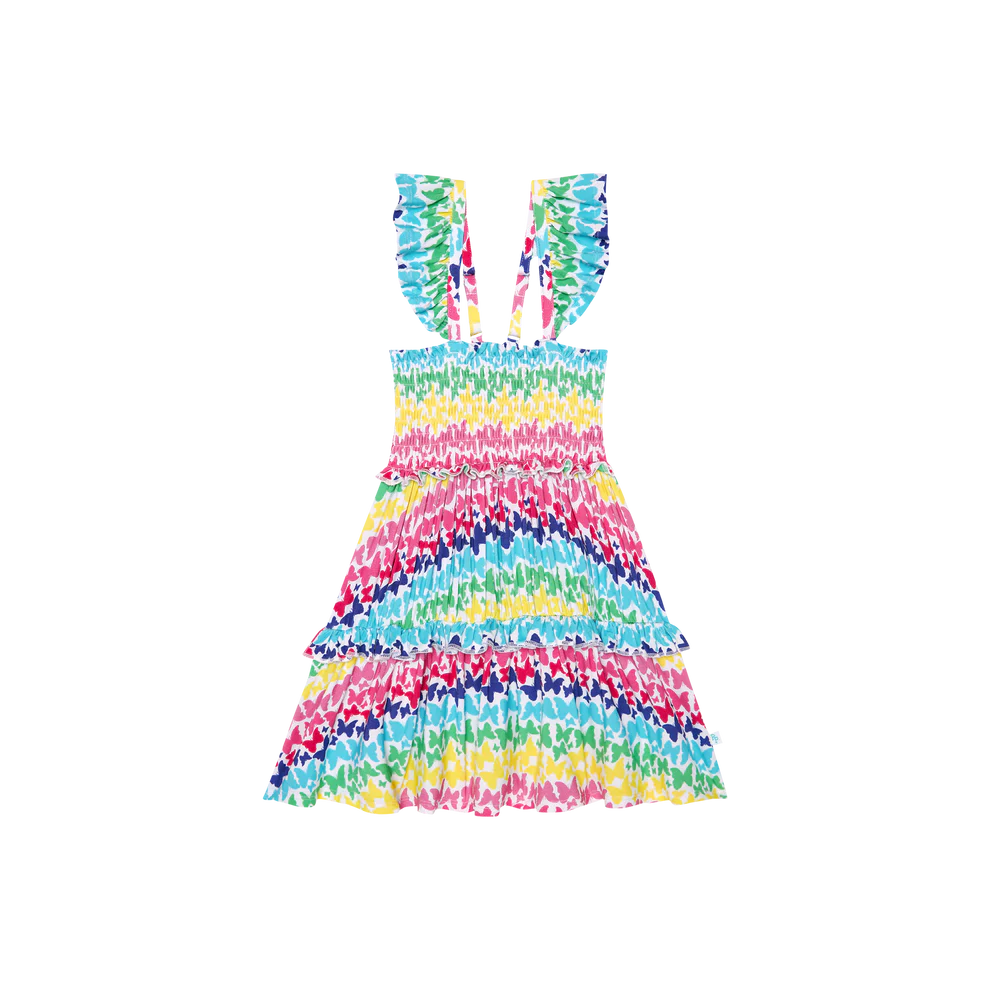 Rainbow Butterfly Smocked Flutter Sleeve Babydoll Dress