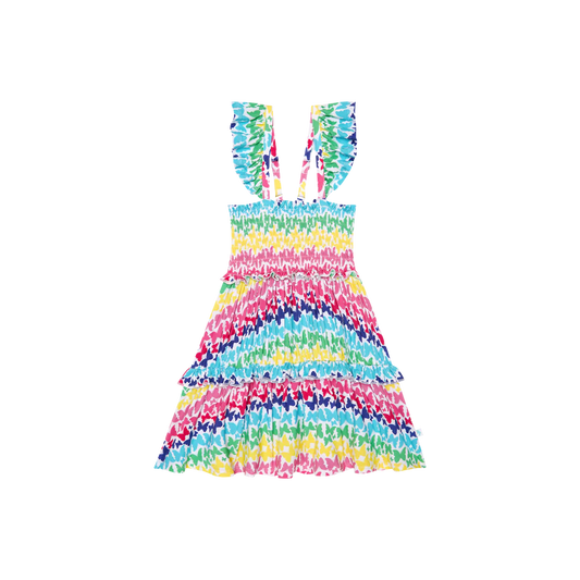 Rainbow Butterfly Smocked Flutter Sleeve Babydoll Dress