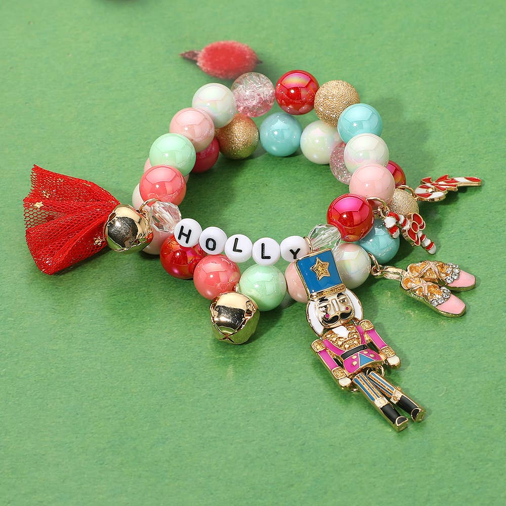 HOLLY Nutcracker Holiday Charm Bow Beaded Stretch Multi Layered Bracelets