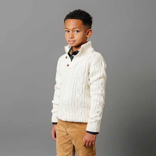 Organic Mock Neck Cable Sweater with Buttons