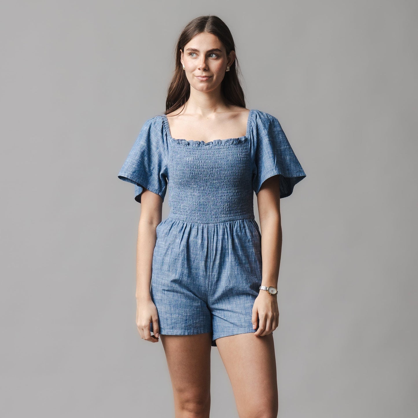 Organic Smocked Chambray Romper adult