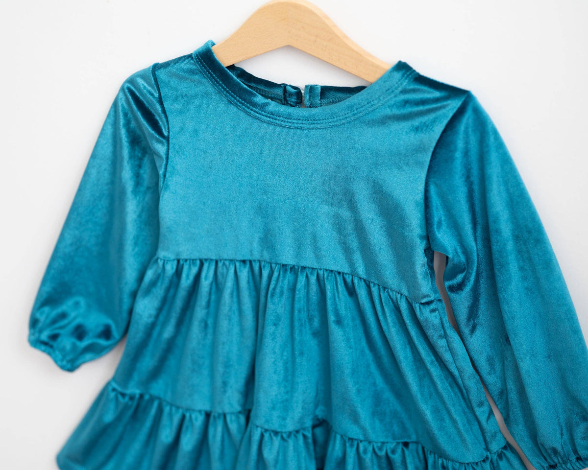 Groovy Velvet Gemstone Girls Winter Dress in Teal