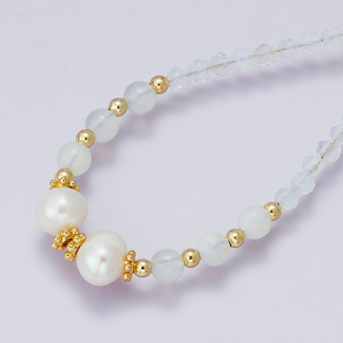 24K Gold Filled Shell Pearl White Opal Multifaceted Gemstone Ball Cable Chain Half 18 Inch Necklace w. Extender | WA-04236