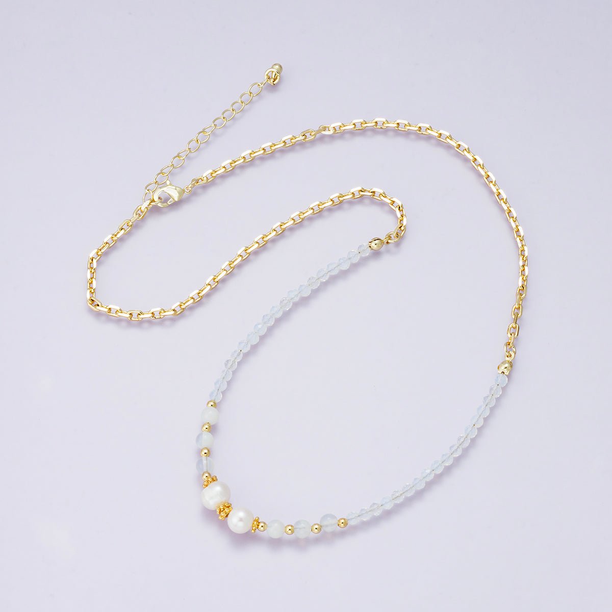 24K Gold Filled Shell Pearl White Opal Multifaceted Gemstone Ball Cable Chain Half 18 Inch Necklace w. Extender | WA-04236
