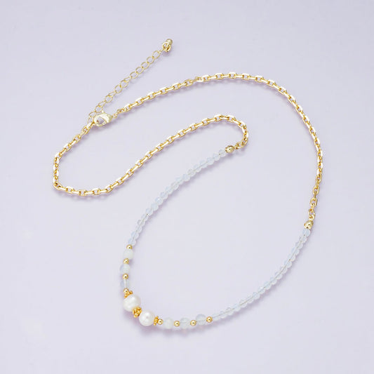 24K Gold Filled Shell Pearl White Opal Multifaceted Gemstone Ball Cable Chain Half 18 Inch Necklace w. Extender | WA-04236