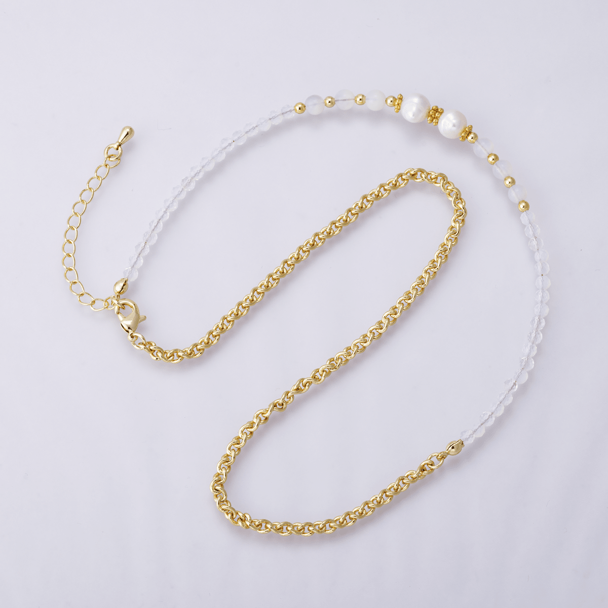 24K Gold Filled Shell Pearl White Opal Multifaceted Rolo Chain Half 16.5 Inch Necklace w. Extender | WA-04173