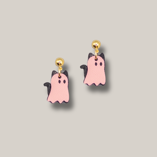 Mini Ghost Cats Studs // Halloween, Fall, Leather, Earrings: Light Pink