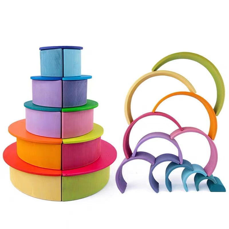 12-Piece Large Wooden Rainbow Stacking Blocks – Pastel / Macaron Colors