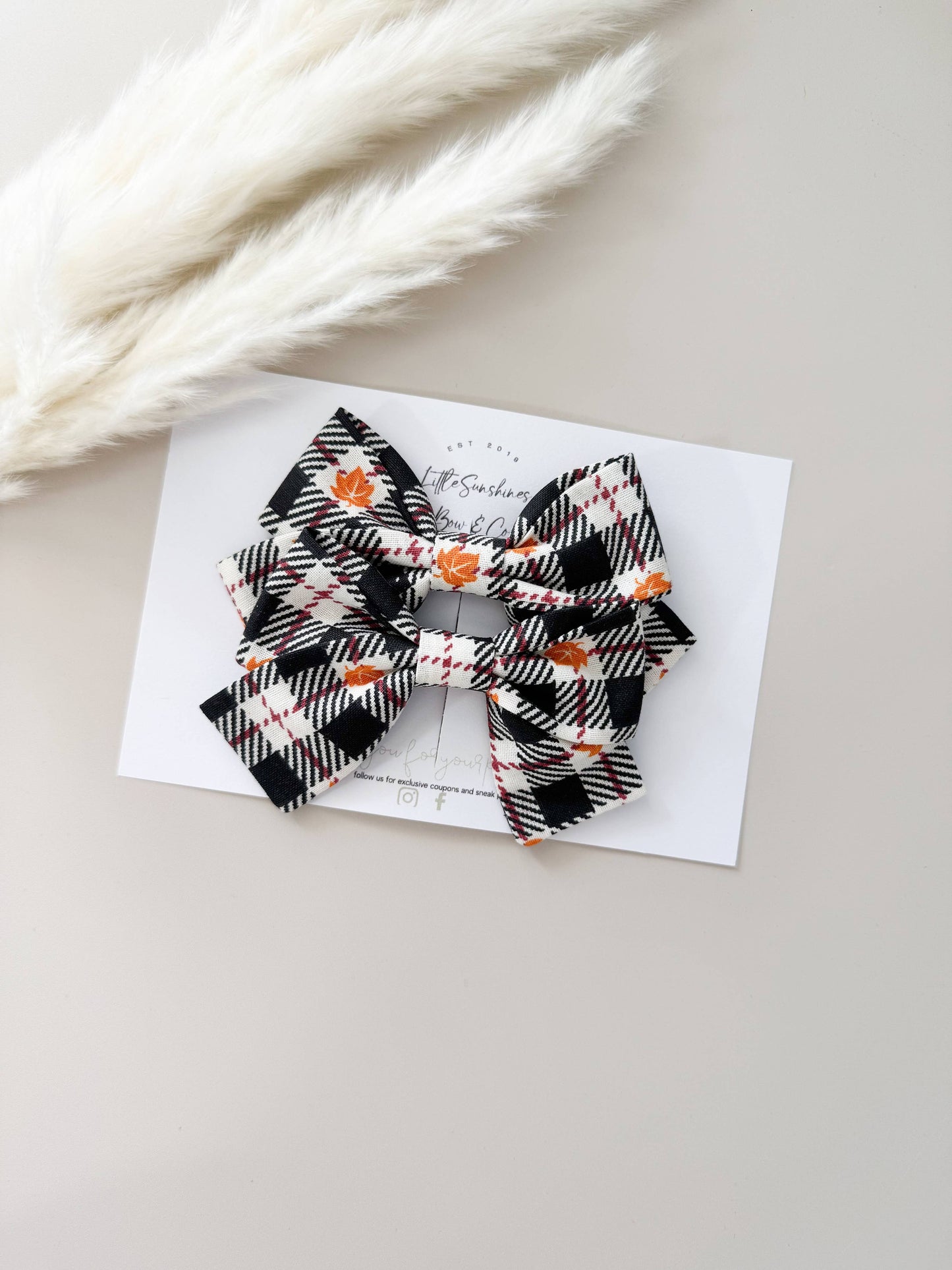Orange Leaf Plaid Fall Pinwheel Hair Bow