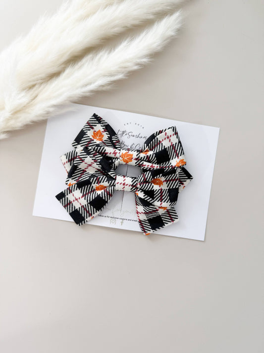 Orange Leaf Plaid Fall Pinwheel Hair Bow