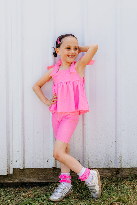 Bubblegum Pink Bow Two-Piece Gem Stamped Athletic Set