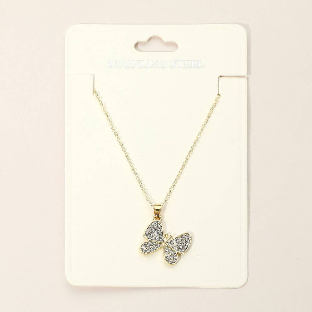 Stainless Steel Stone Paved Butterfly Pendant Necklaces
