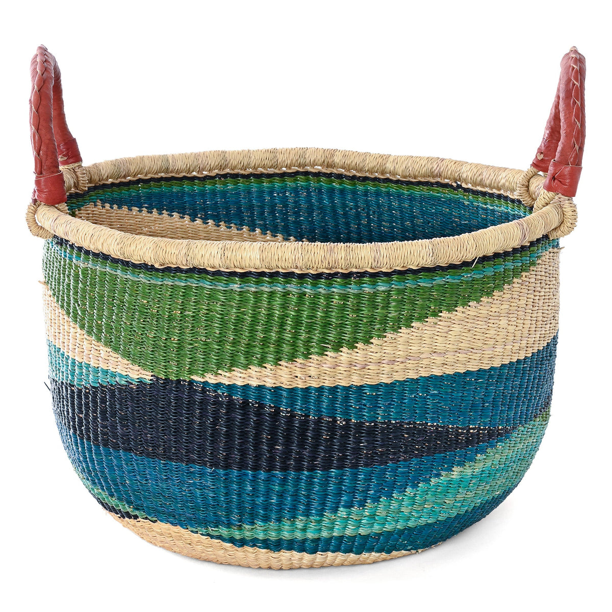 Shades of Blue Triangle Design Bolga Basket with Leather Handles