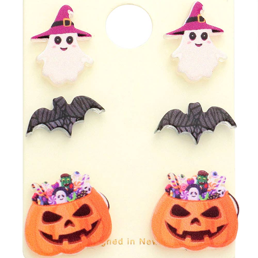 3Pairs - Resin Witch Hat Ghost Bat Pumpkin Stud Earrings