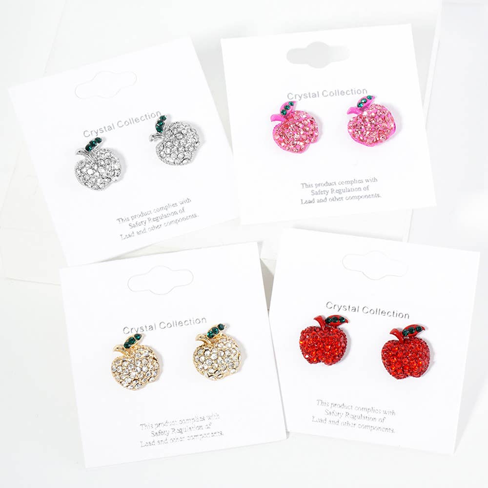 Crystal Stone Paved Apple Stud Earrings