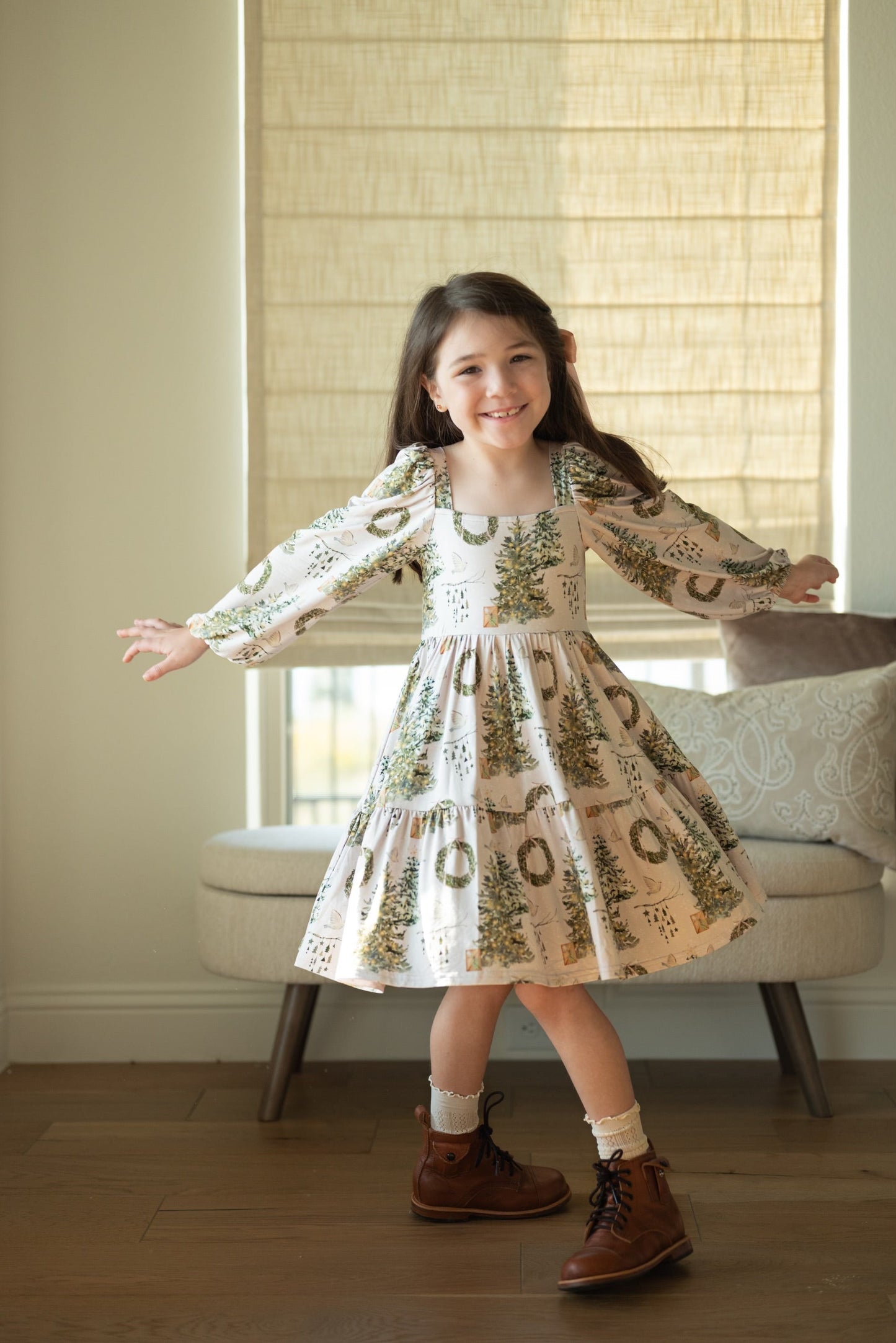 Soft Snow Puff Sleeve Twirl Dress