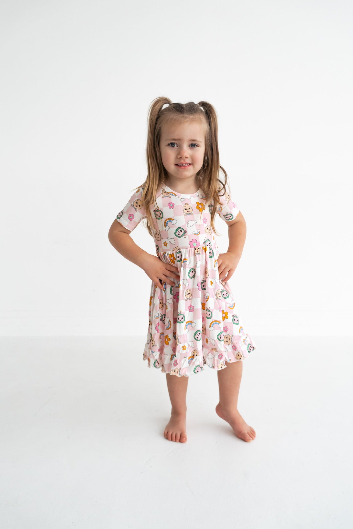 Dream Big Little Co x CoComelon JJ RAINBOW CHECKERS SHORT SLEEVE DREAM RUFFLE DRESS