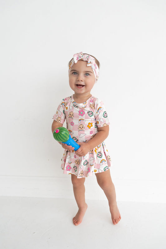Dream Big Little Co x CoComelon JJ RAINBOW CHECKERS SHORT SLEEVE DREAM BODYSUIT DRESS