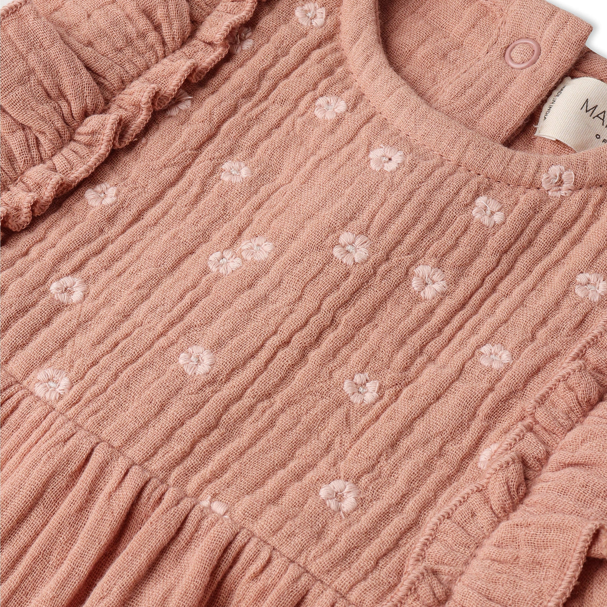 Organic Embroidered Ruffle Romper - Clay
