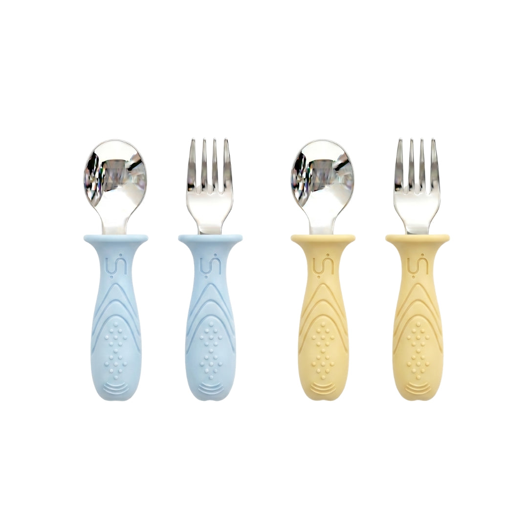 Stainless Steel Self Feeding Utensil Set of 4 (Butter Yellow & Baby Blue)