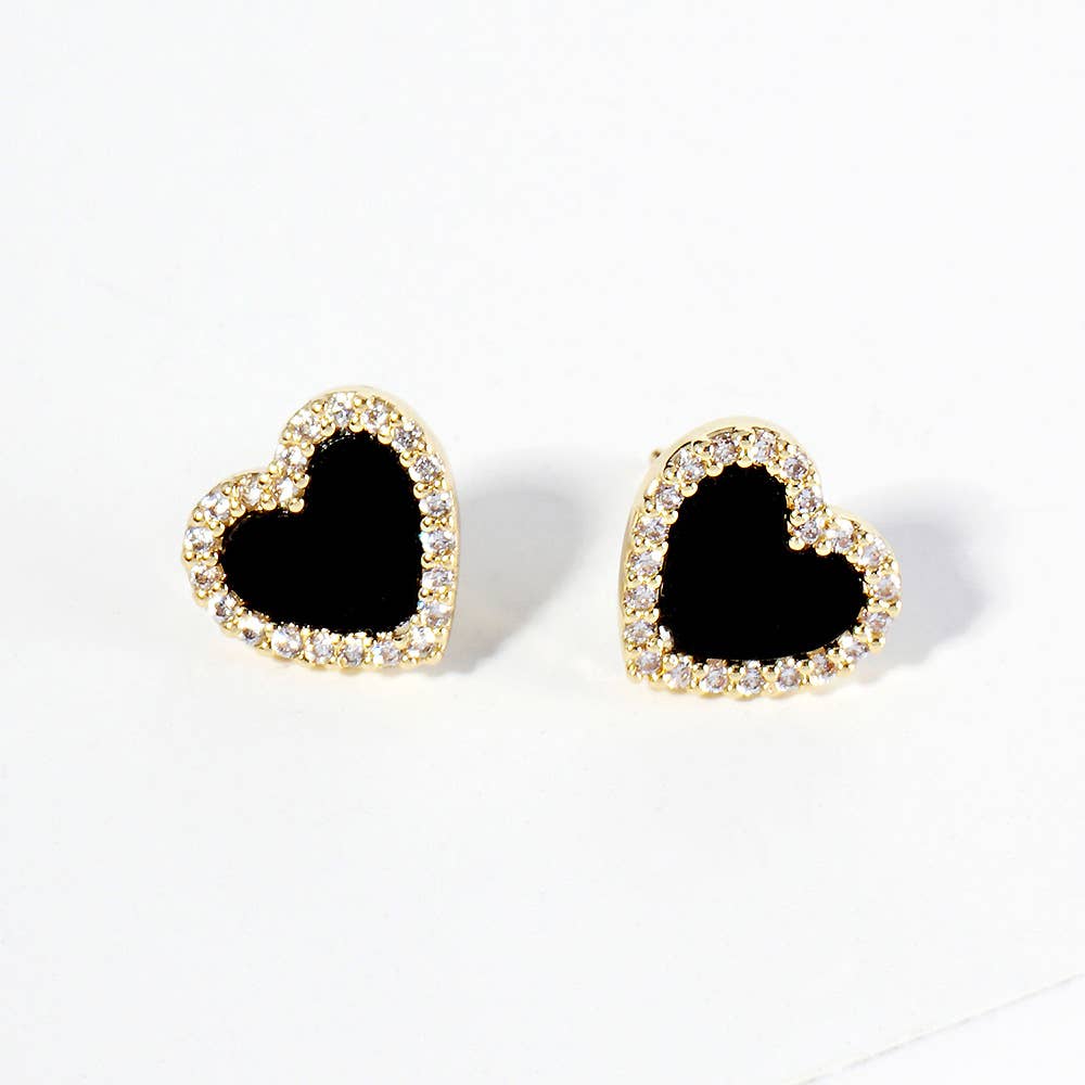 Gold Dipped CZ Stone Paved Rim Heart Stud Earrings