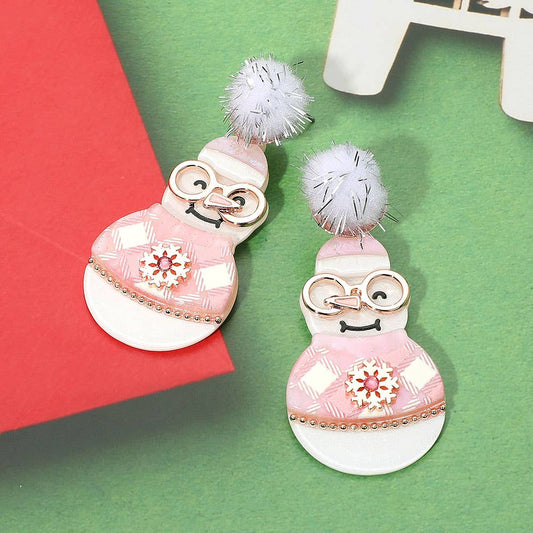 Pom Pom Resin Christmas Snowman Dangle Earrings