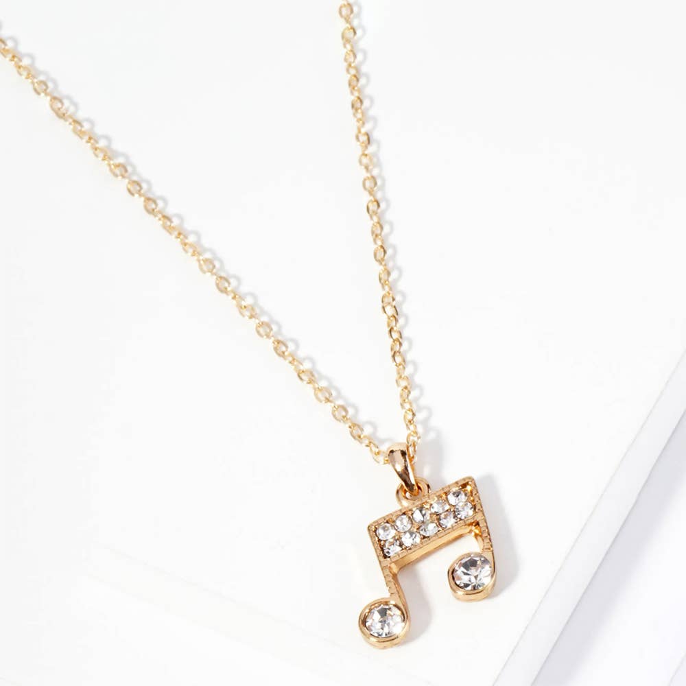 Rhinestone Embellished Metal Music Notes Pendant Necklace
