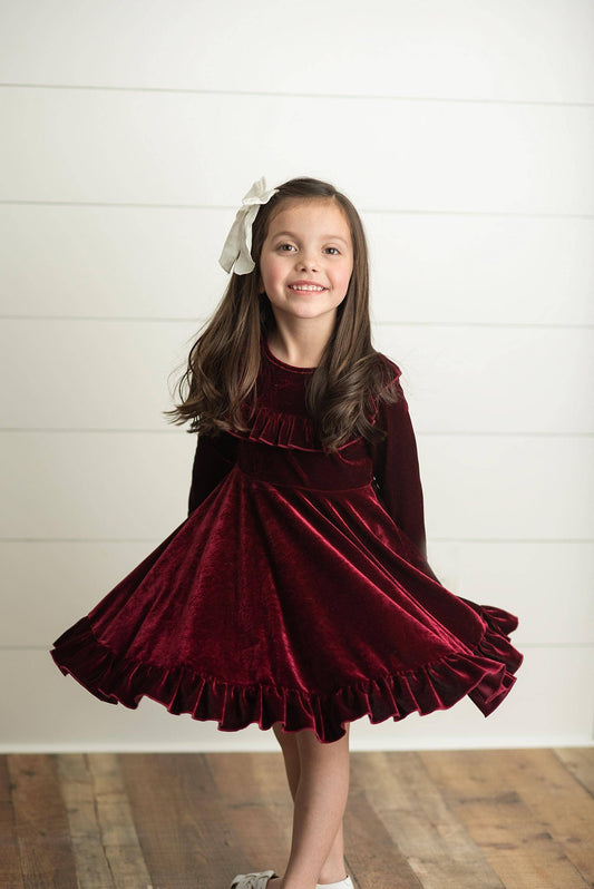 Wine Velvet Ruffle Fancy Holiday Dress