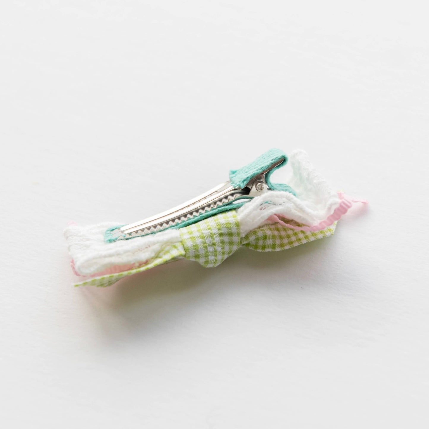 Heart and Checkered Ribbon Hair Clip - Green & Pink