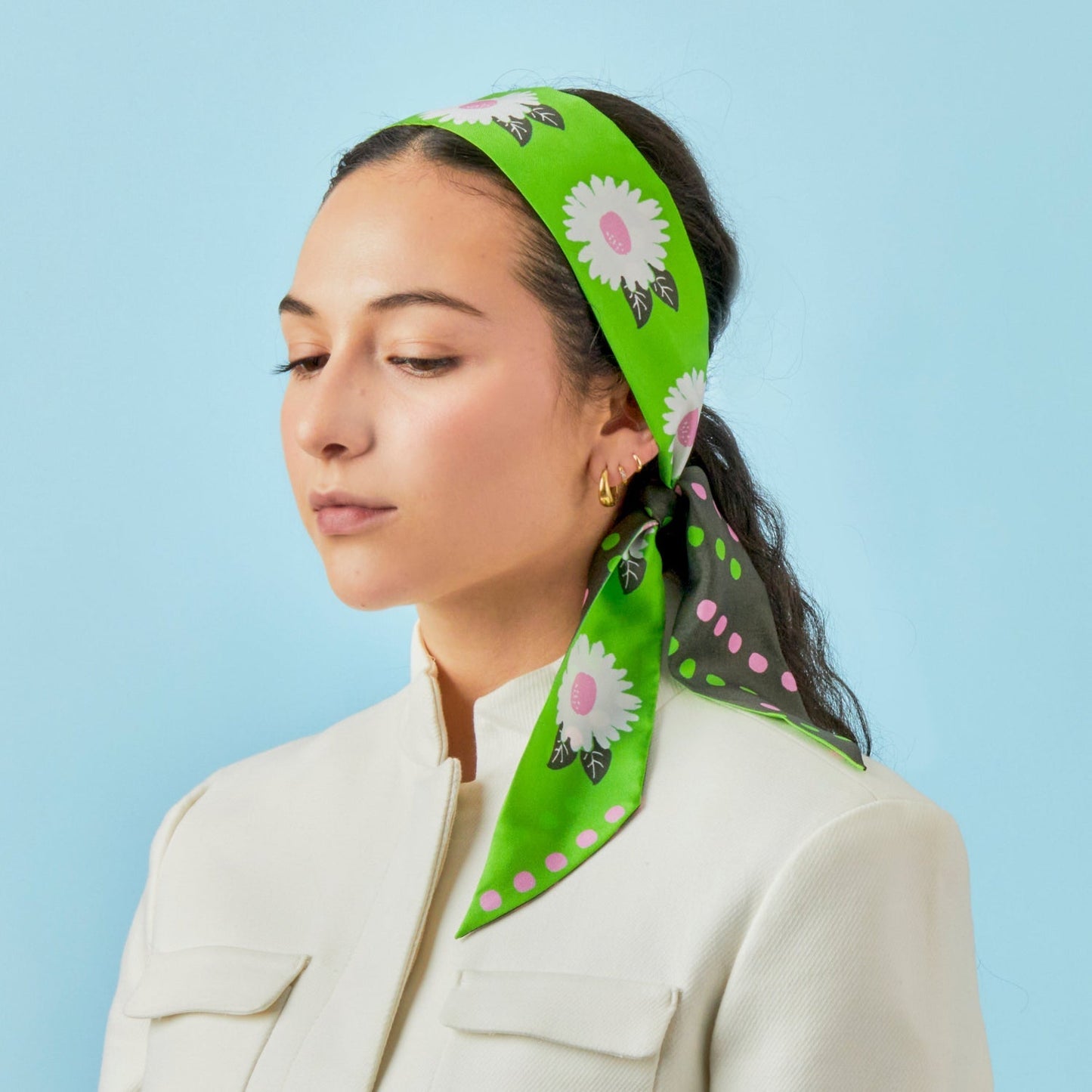 White Flower Twilly Ribbon Scarf