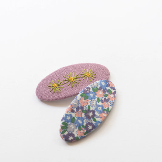 Oval Embroidered Floral Snap Hair Clips | Dusty Purple