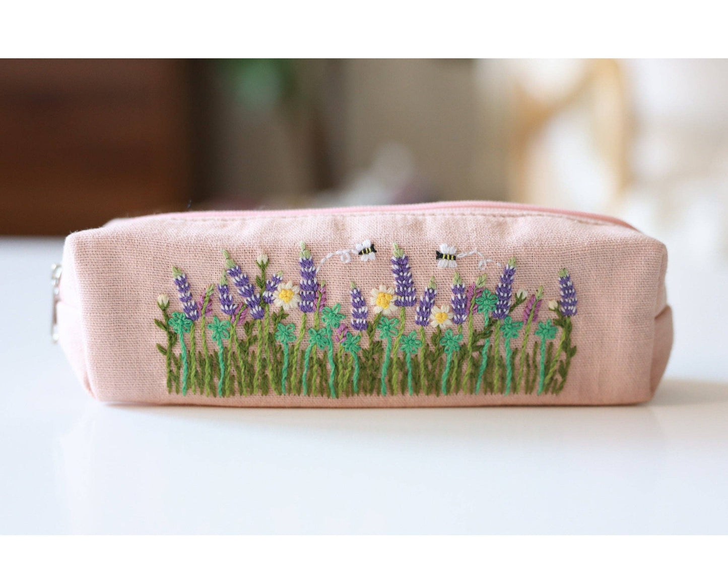 Hand Embroidered Pencil Case with Flower Embroidery