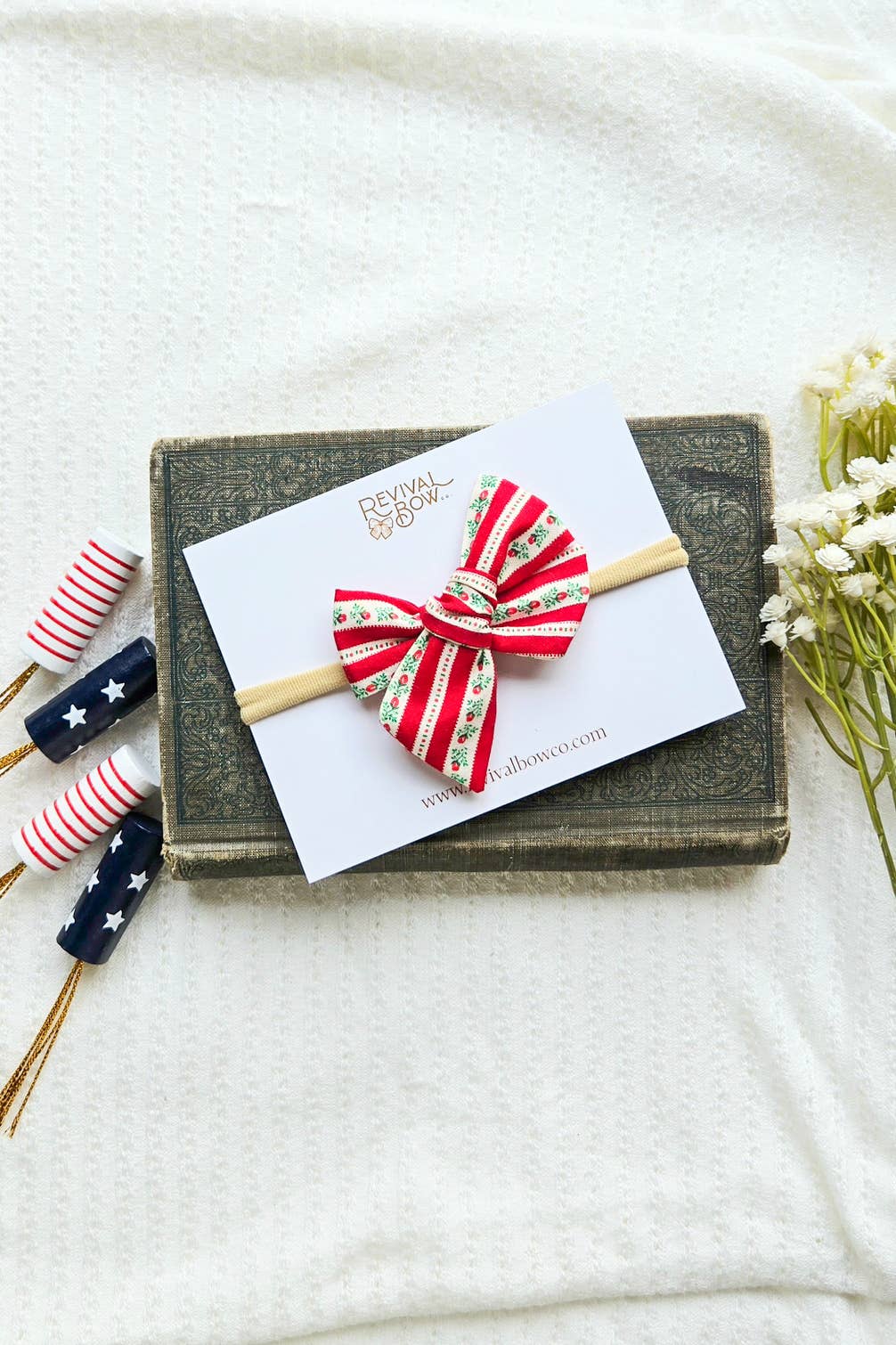 Small Pinwheel Bow on Headband • Red Floral Stripe