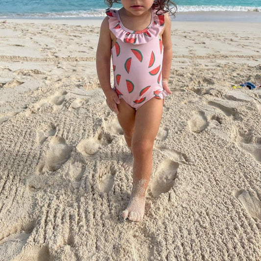 Recycled Polyester Watermelon Slices Ruffle Kid Swimsuit - Sepia Rose/multi