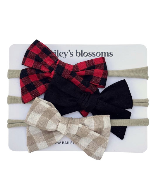 3-piece Linen Cotton Nylon Headband Set - Holiday Gingham