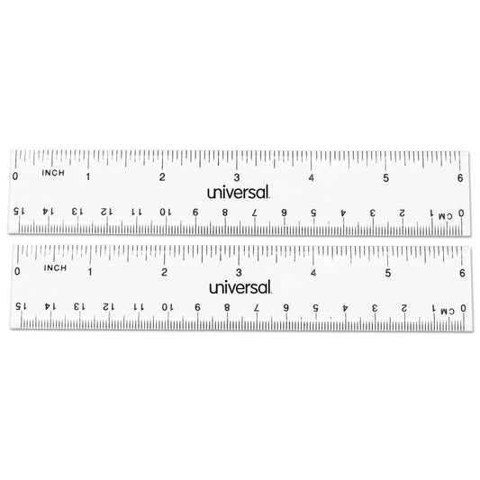Universal Clear Plastic Ruler, Standard/Metric, 6" Long, Clear, 2/Pack