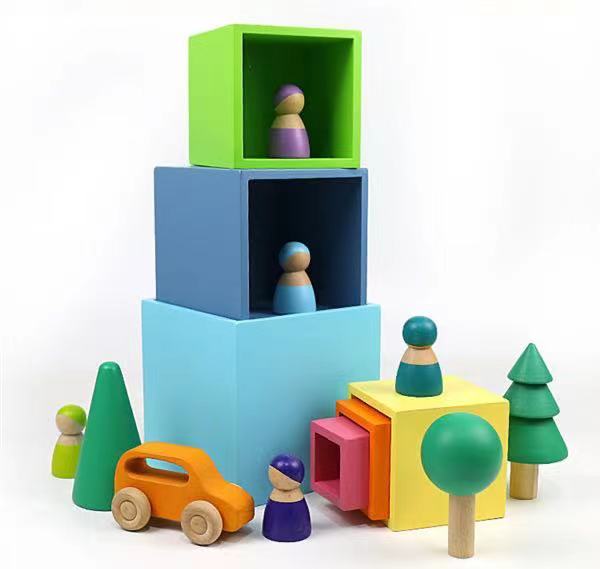 6-Piece Basswood Wooden Pastel Nesting Box Set | Painted & Hand-Stained Finishes | Montessori Stacking Toy