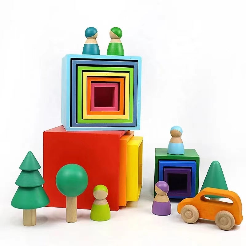 6-Piece Basswood Wooden Pastel Nesting Box Set | Painted & Hand-Stained Finishes | Montessori Stacking Toy