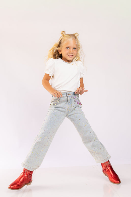 Wide Leg Gem Embellished Jeans