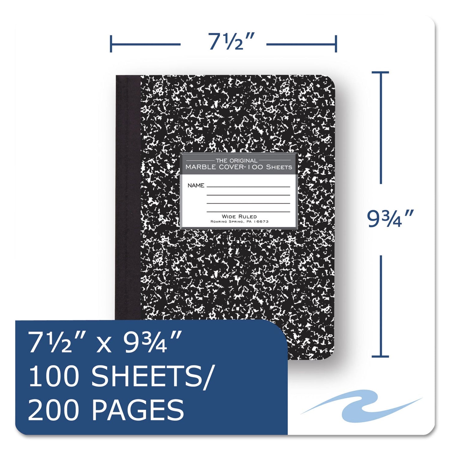 Roaring Spring Marble Cover Composition Book, Wide/Legal Rule, Black Marble Cover, 9.75 x 7.5, 100 Sheets