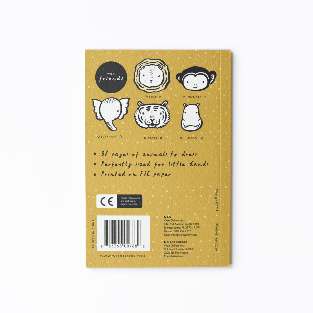 Back cover of a book with animal illustrations and text on a gold background