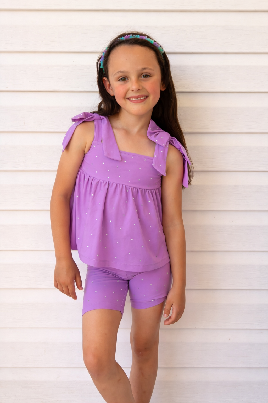 Lavender Bow Two-Piece Gem Stamped Athletic Set