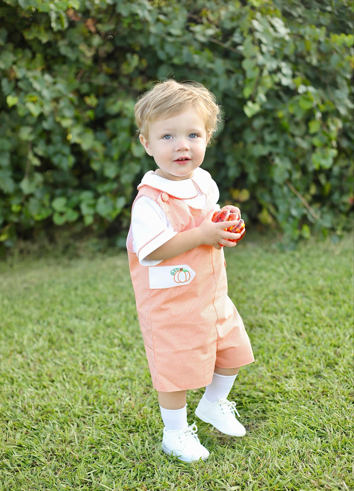 Proper Pumpkins Orange Gingham Shortall and Shirt Set with Pumpkin Embroidered Tabs
