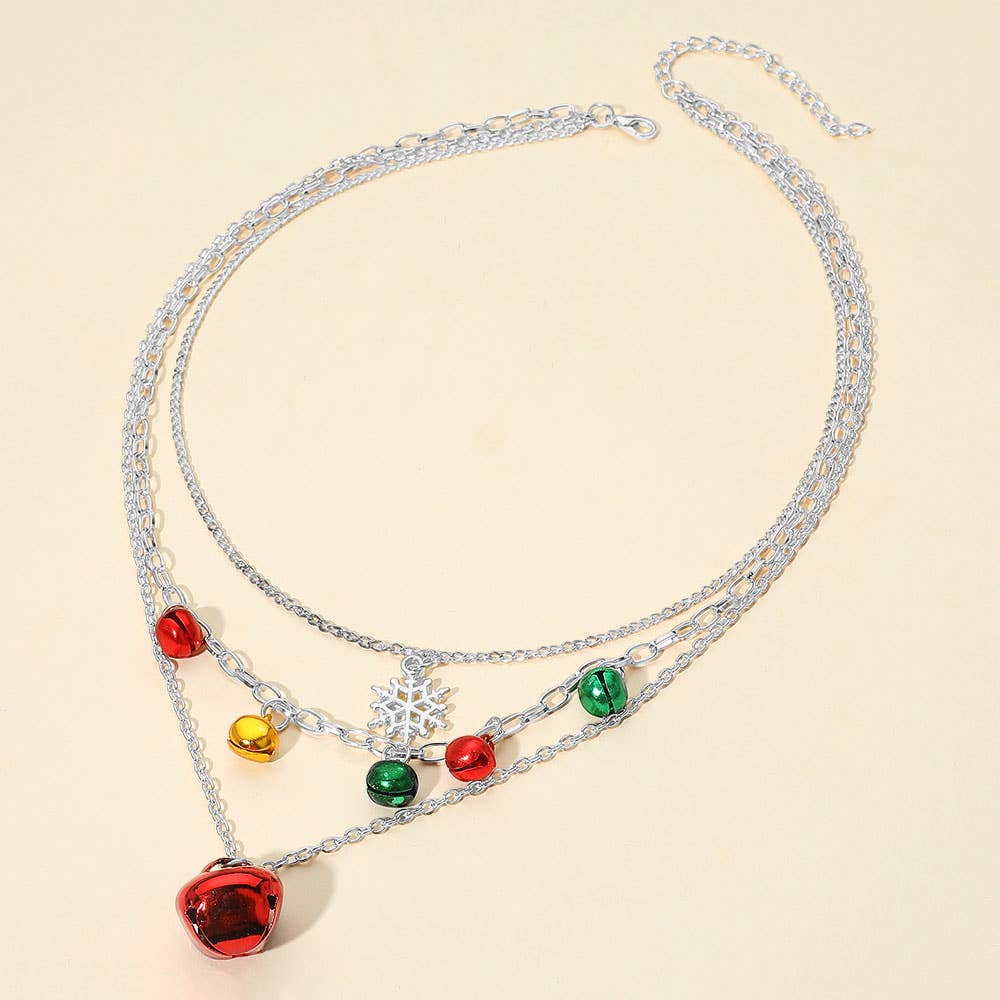 Holiday Snowflake Jingle Bell Charm Accent Layered Necklaces