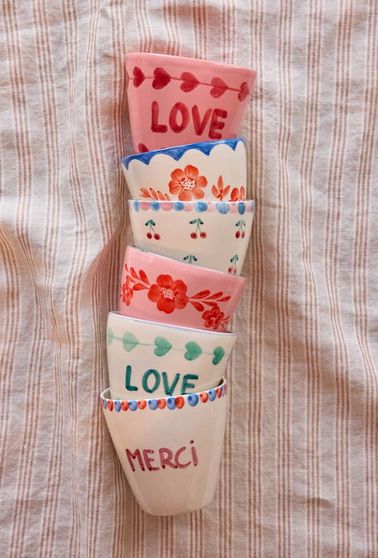 Ceramic Oval Cup with Hand Painted Merci - 10.1 oz
