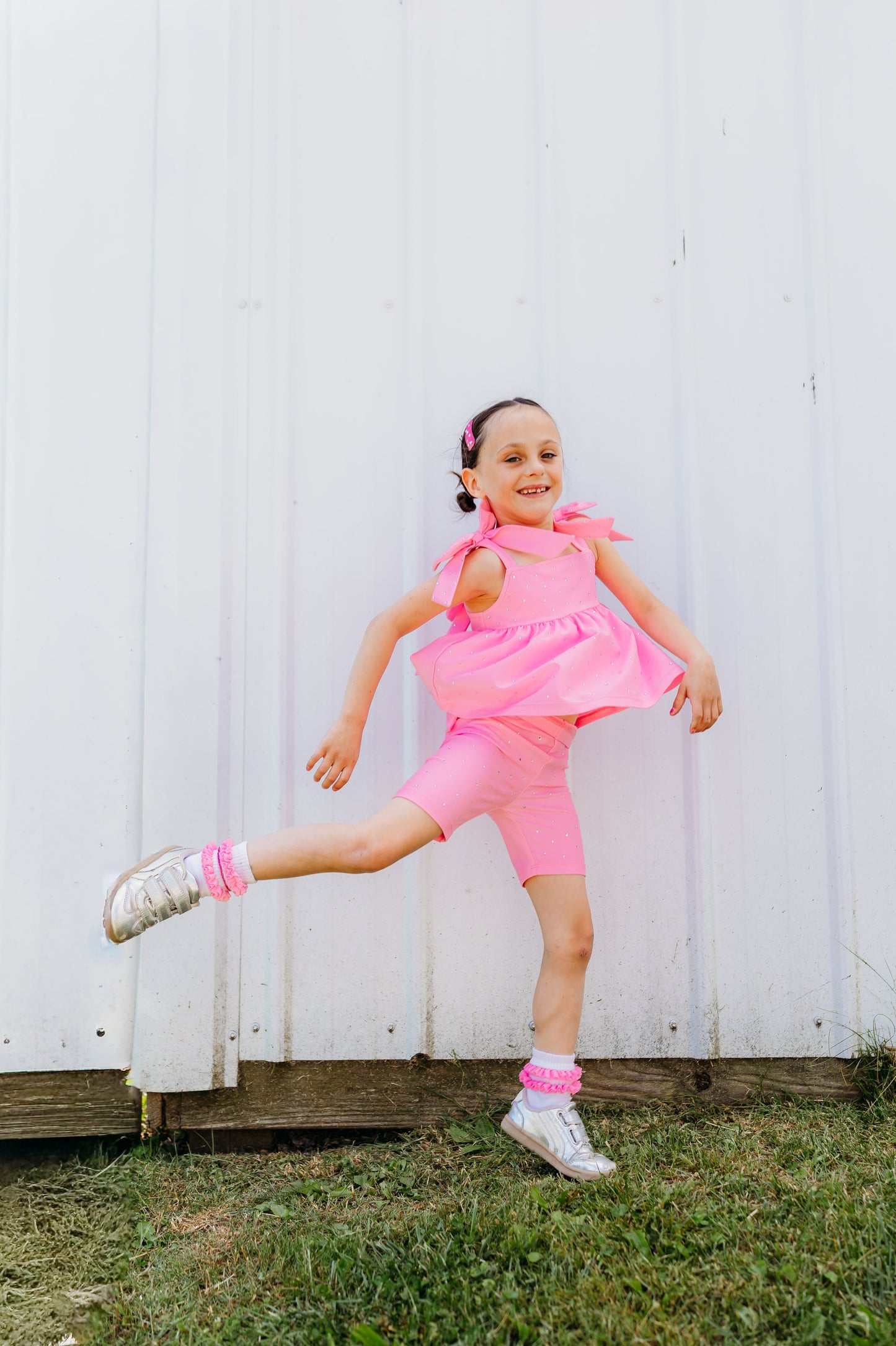 Bubblegum Pink Bow Two-Piece Gem Stamped Athletic Set