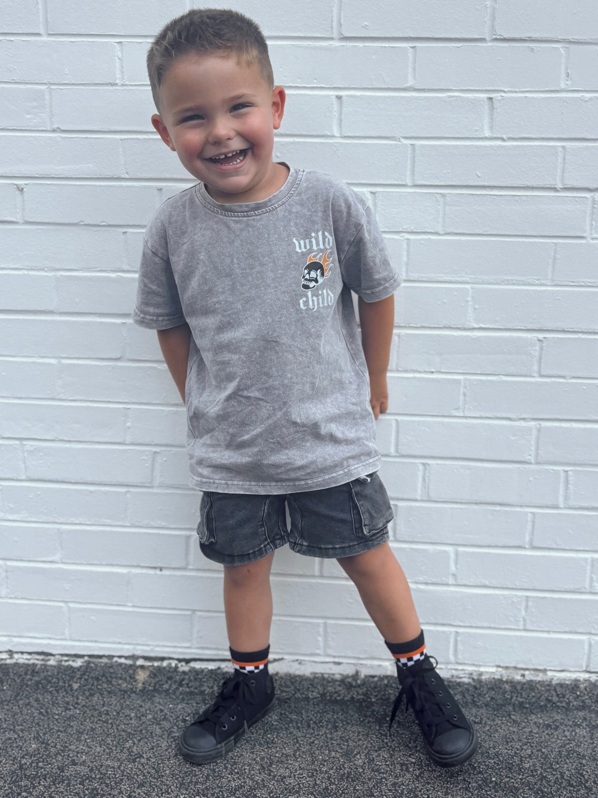 Grey acid wash logo tee