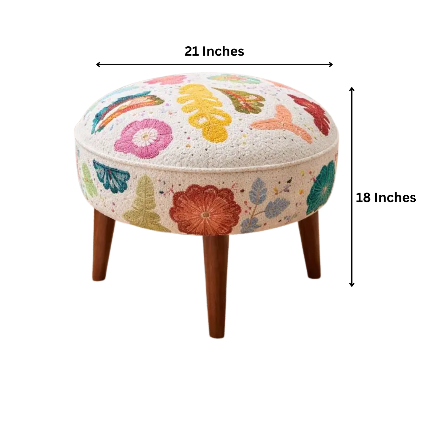 Suzani Patterned Accent Stool | 20x18" | White Cotton Fabric