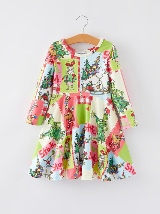 Winter Character Christmas Tree Print Girls Dress